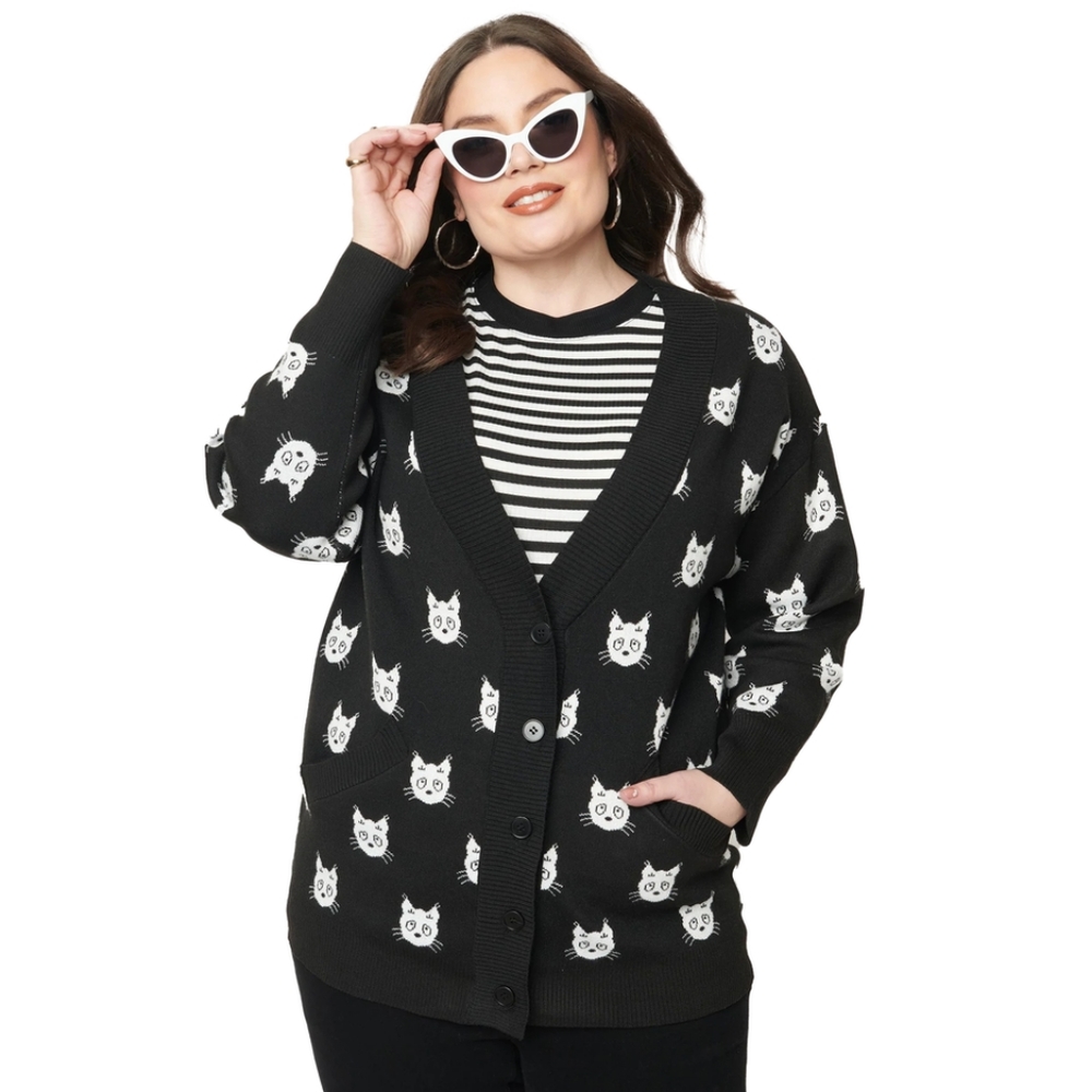 UNIQUE VINTAGE BLACK & CAT PRINT ASPEN CARDIGAN